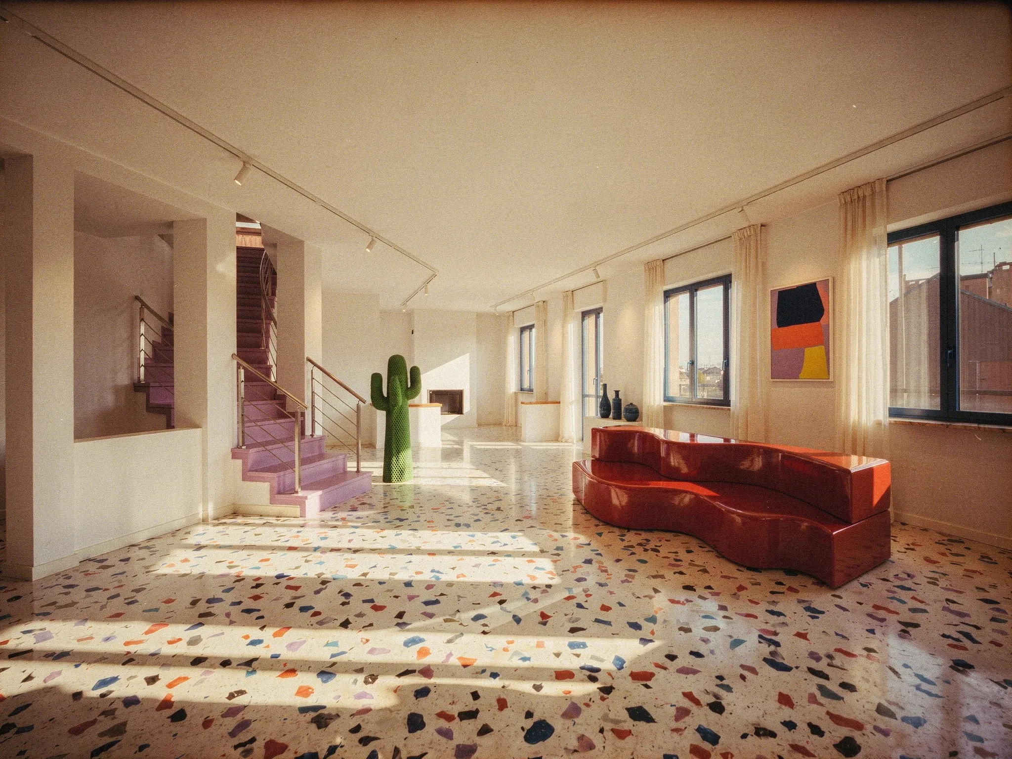 Galleria bianca con divano Superonda di Poltronova, Cactus di Gufram e scala lilla