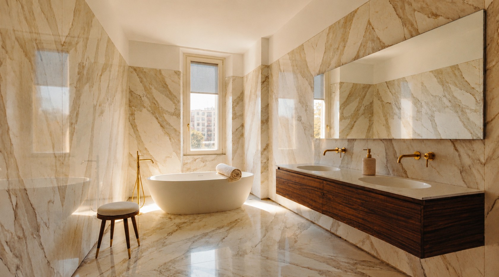 Bagno padronale en-suite in Calacatta lucido di Antolini