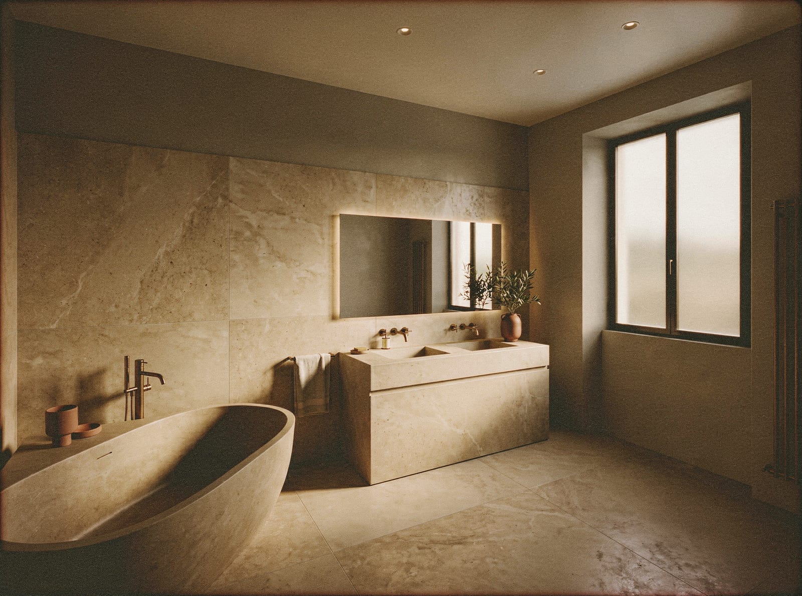Bagno en-suite con vasca freestanding e doppio lavabo monolitico in Pietra di Vicenza