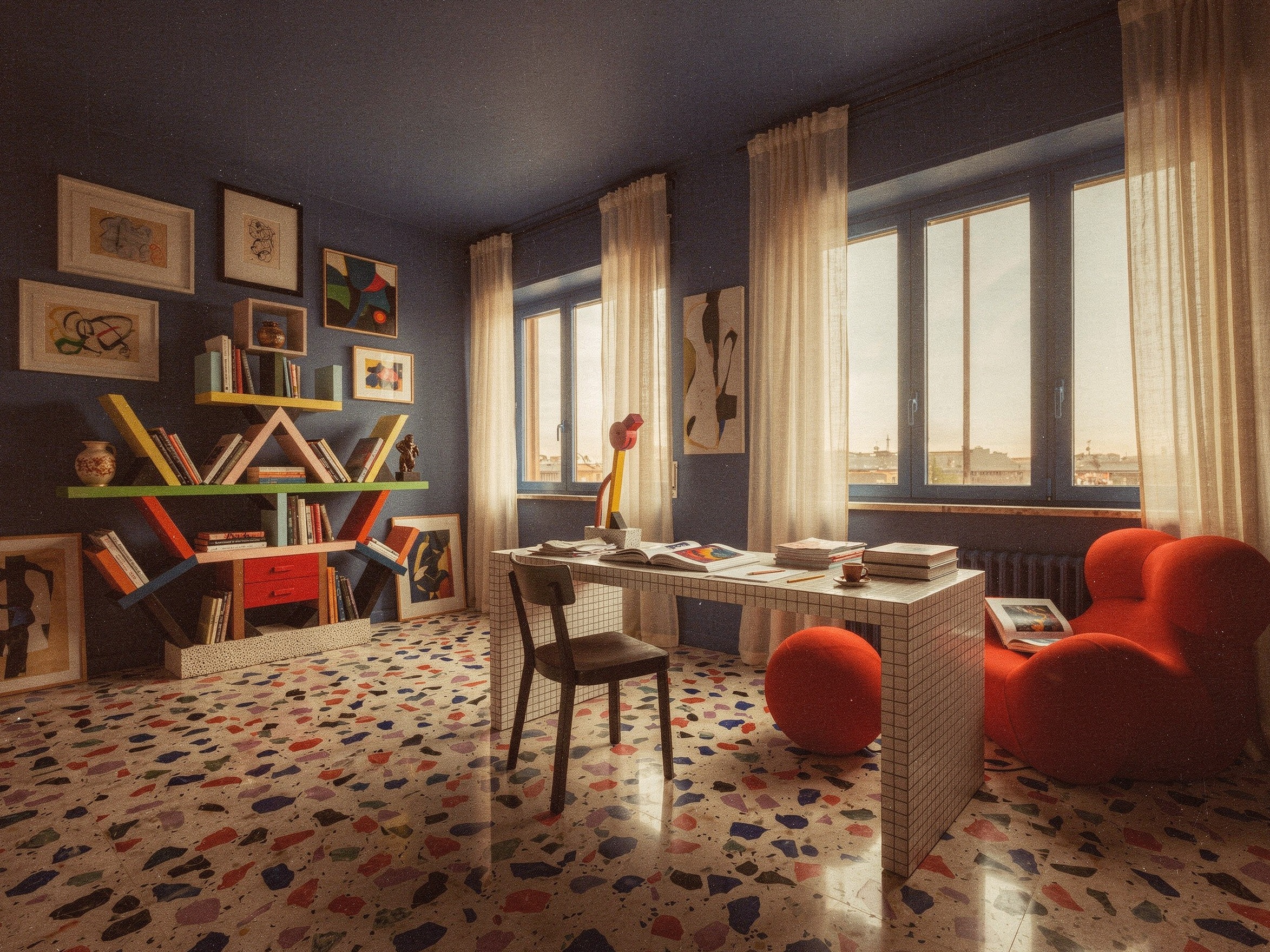 Studio blu con libreria Carlton di Memphis Milano e scrivania Quaderna di Zanotta